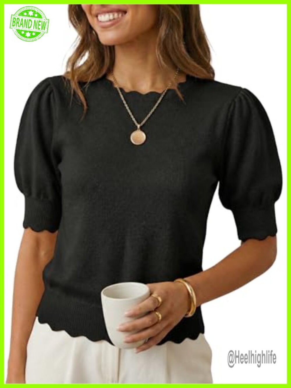 Pullover Knit Sweater Scalloped Crewneck Puff Sleeve